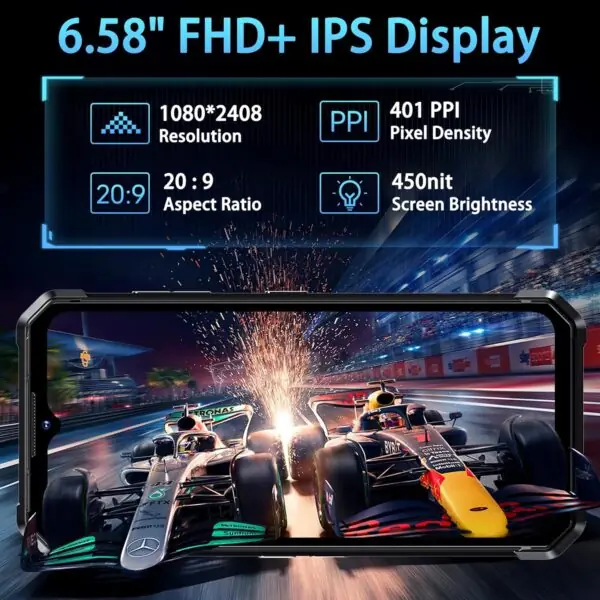 Image de l'écran FHD+ IPS de 6,58 pouces du téléphone FOSSIBOT F106 Pro, offrant une résolution de 1080x2408, un ratio d'aspect 20:9, une densité de pixels de 401 PPI et une luminosité de 450 nits pour une expérience visuelle exceptionnelle.