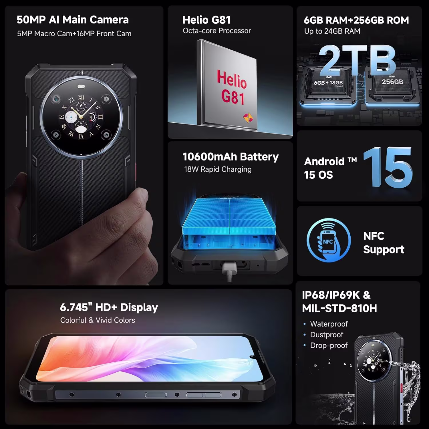 FOSSiBOT F109S — Telefono Rugged Android 15 (2025) con Doppio Schermo, 24GB RAM, 256GB, Batteria 10600 mAh, IP68/IP69K - immagine 2