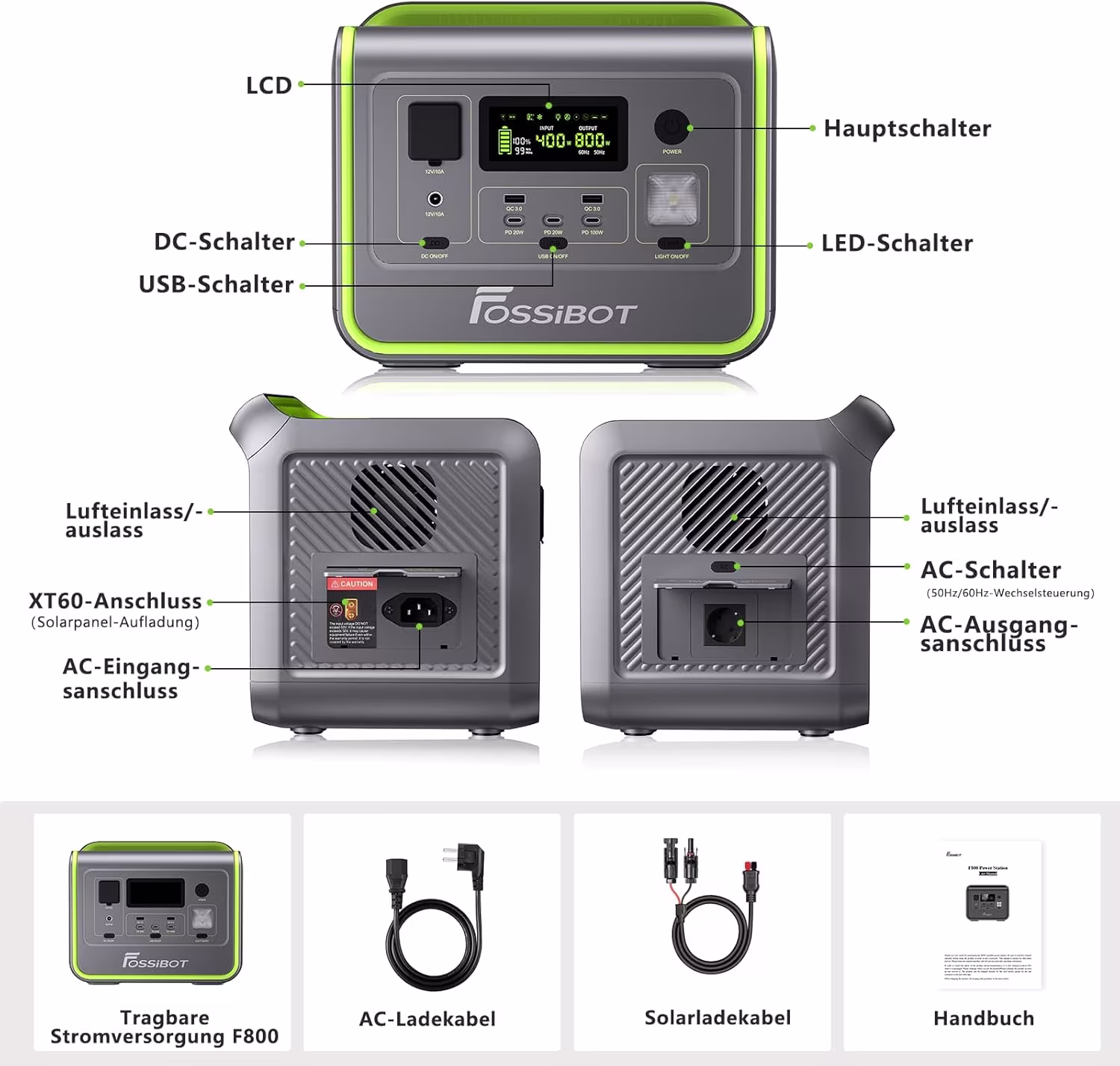 FOSSiBOT F800 con Pannello Solare 200W - Power Station Portatile 512Wh 800W + Pannello Solare - Kit Completo Energia Solare per Campeggio e Outdoor - immagine 5