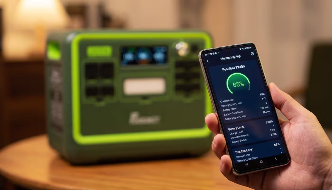 App Fossibot su smartphone che mostra i cicli di carica e lo stato della batteria della F2400