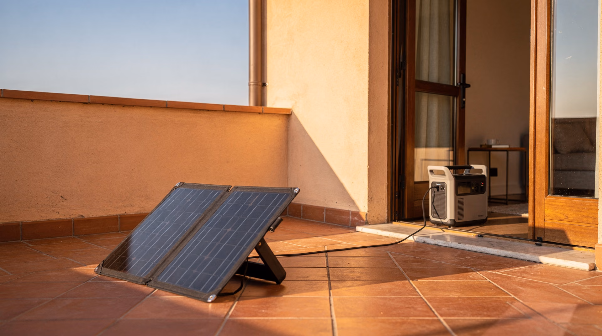 Stazione di energia portatile collegata a un pannello solare pieghevole su una terrazza italiana