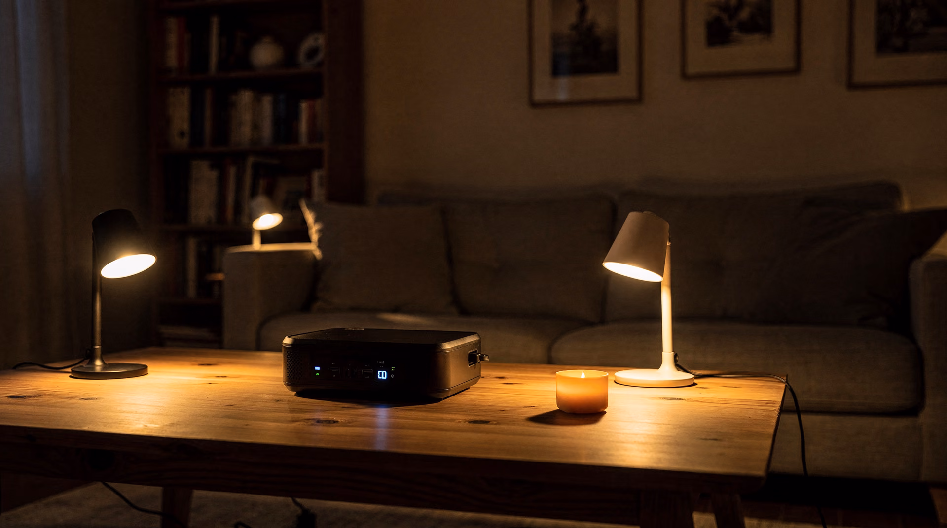Salotto familiare illuminato da lampade LED alimentate da una stazione di energia portatile durante un blackout