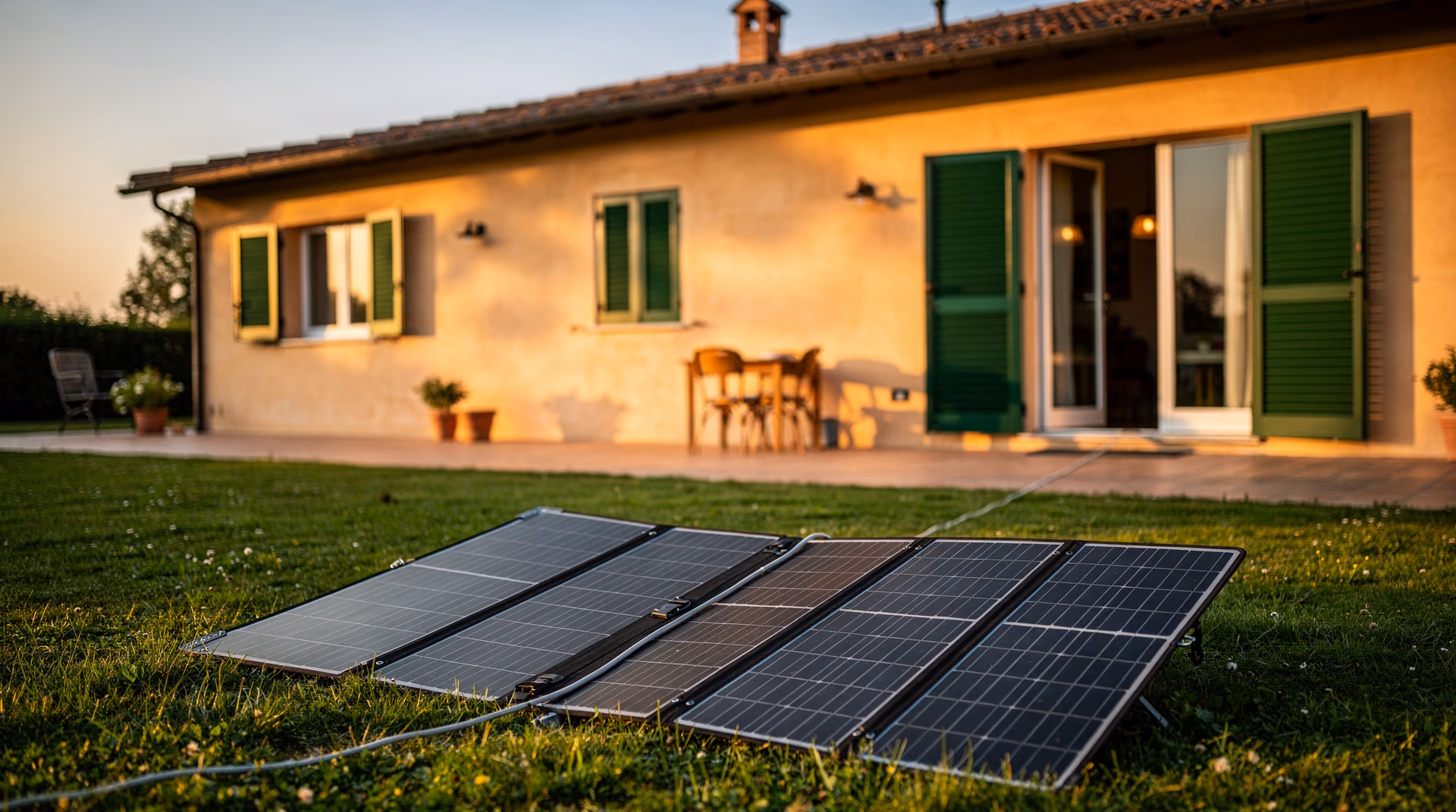 Pannello solare portatile dispiegato sul prato davanti a una villa italiana, cavo verso l interno