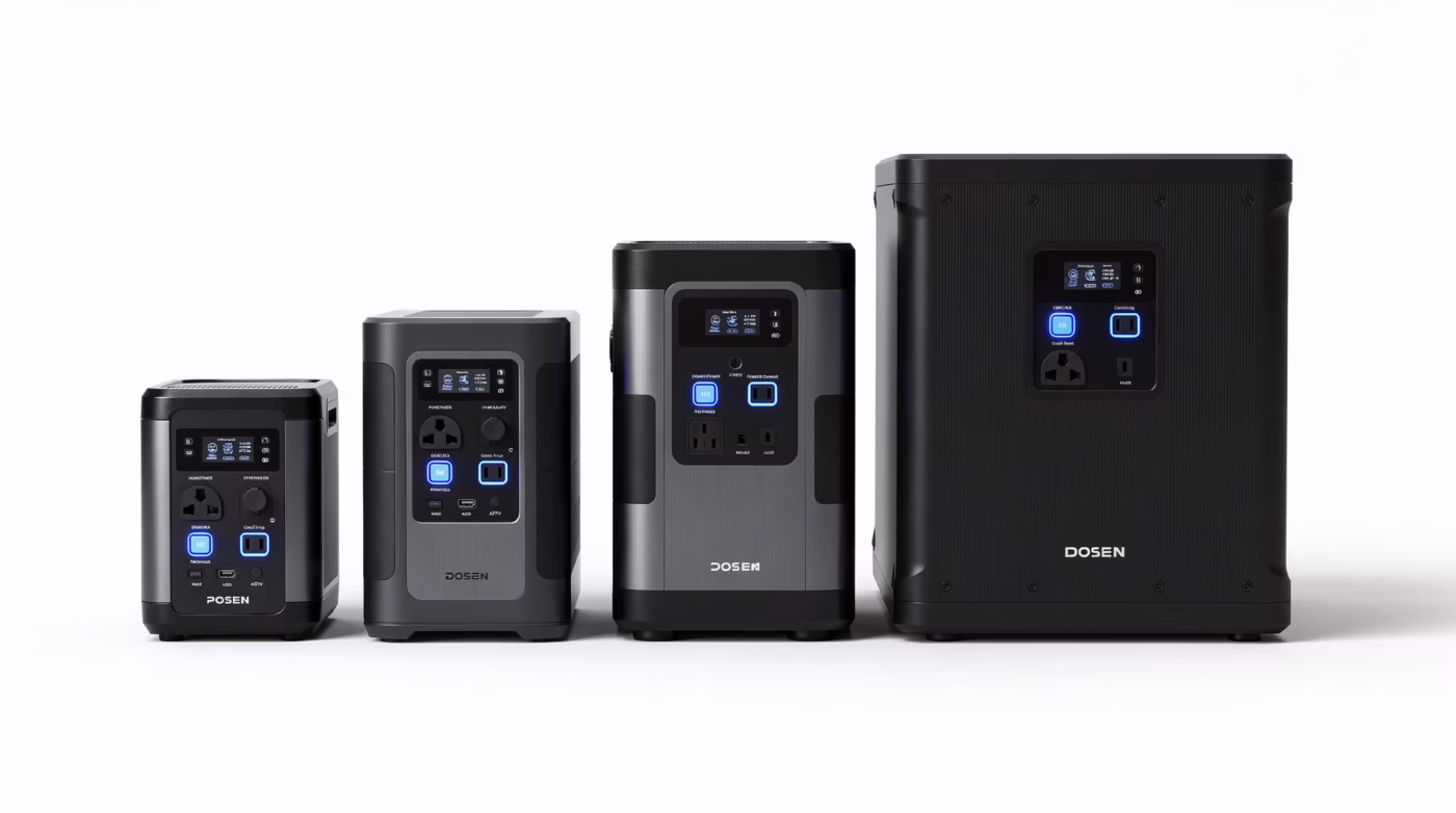 Quattro stazioni di energia portatili Fossibot di diverse dimensioni allineate per confronto