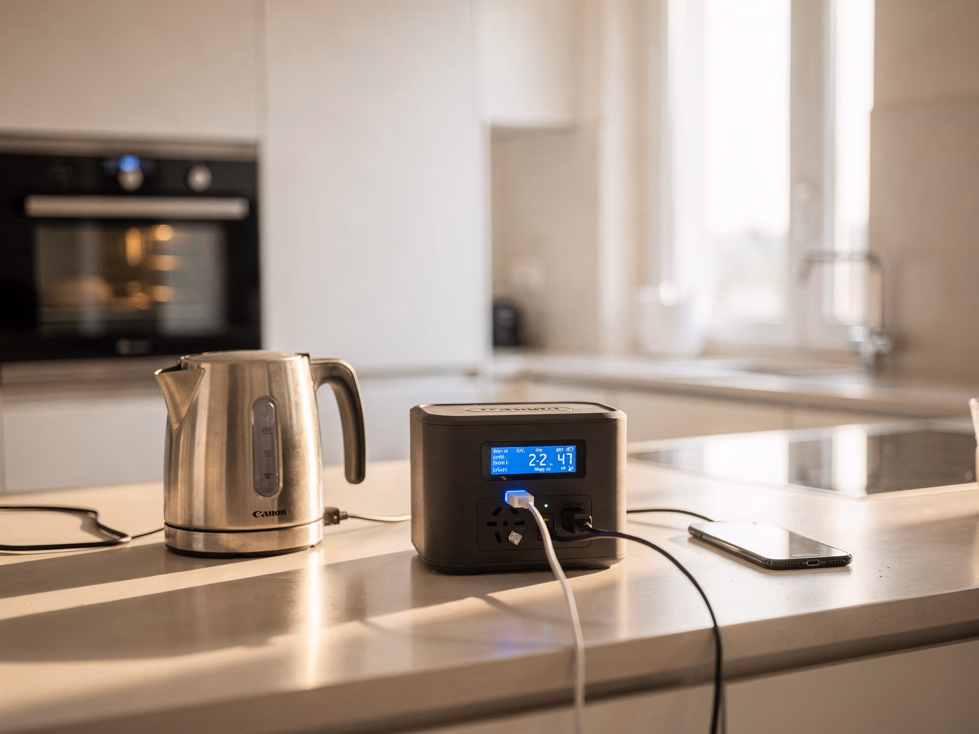 Stazione di energia portatile su un bancone cucina alimenta un bollitore e carica un telefono