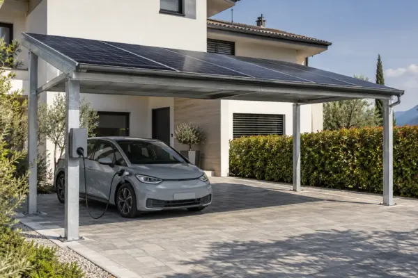 Carport fotovoltaico per due auto in acciaio zincato con wallbox sul pilastro e auto elettrica in ricarica davanti a una villa
