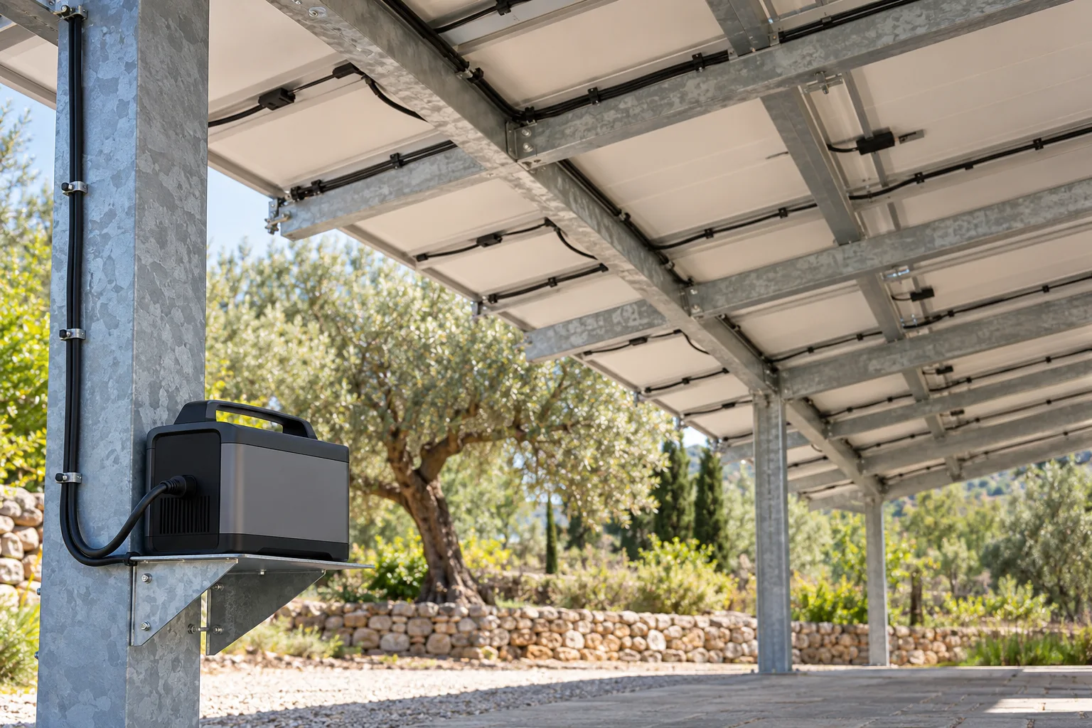 Struttura in acciaio zincato vista da sotto un carport fotovoltaico, con cavi solari fissati ai profili e una power station portatile su una mensola del pilastro