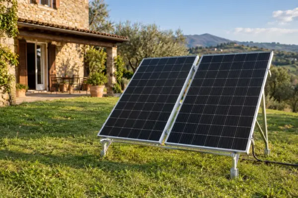 Due pannelli solari fissati su una struttura a terra nel giardino di un casale italiano, orientati a sud per ricaricare una power station