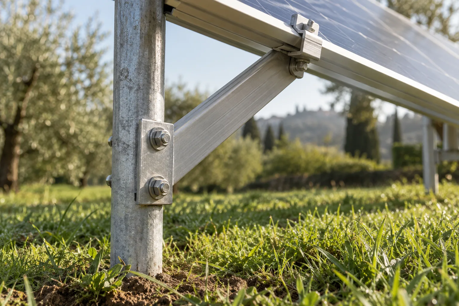 Dettaglio del fissaggio di una struttura a terra per pannelli solari: palo zincato infisso nel terreno e profilo in alluminio con bulloneria inox